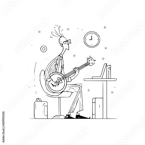 Illustration of musician playing banjo at desk with laptop clock and briefcase in black and white line art