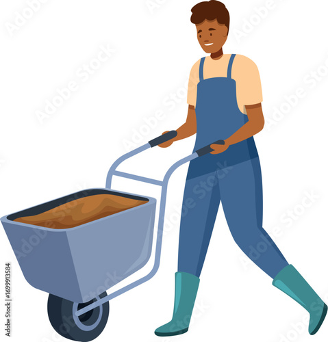 Gardener pushing a wheelbarrow full of soil, working in the garden, agriculture and farming concept