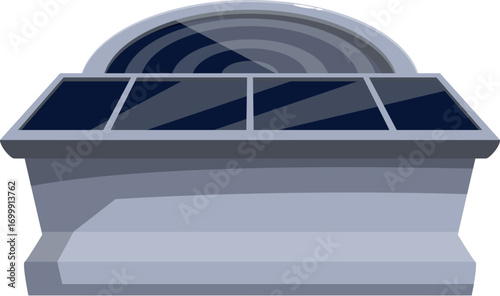 Architectural detail featuring solar panels and a semicircular window, highlighting modern building design and sustainable energy solutions