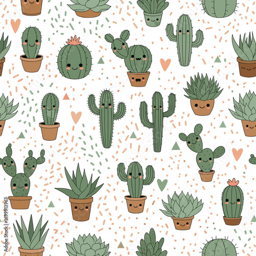 Adorable kawaii cacti and succulents pattern with cute faces and hearts adorning a white background