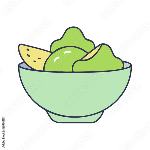 Cartoon illustration of a bowl of guacamole with tortilla chips on white