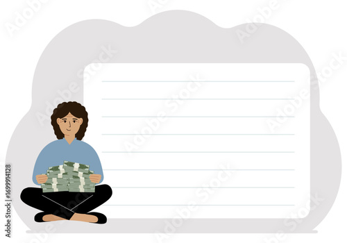 A woman holds bundles of cash, money or banknotes in his hands. Successful business and finance concept illustration in flat style.