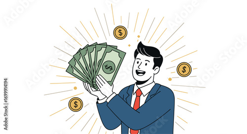 Man joyfully holds large amount of cash and coins symbolizing financial success