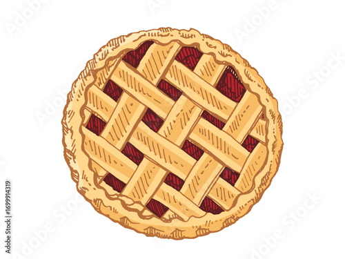 Hand drawn vintage sketch of whole cherry lattice pie dessert with golden crust for thanksgiving holiday bakery design