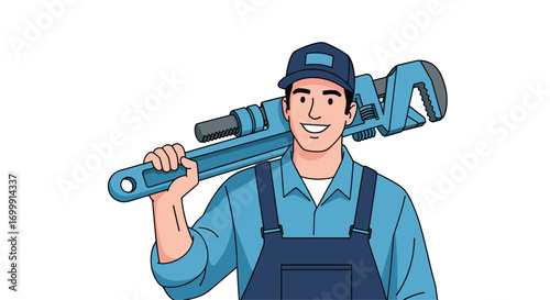 Skilled plumber holding large adjustable wrench tool ready for work