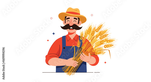 Happy farmer holding golden wheat ears harvest season celebration agriculture