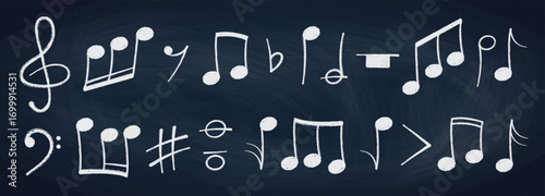Crayon pastel or chalk music note signs doodle hand drawn symbol shapes set. Chalkboard textured musical symbols treble, bass clefs, pauses doodle collection.