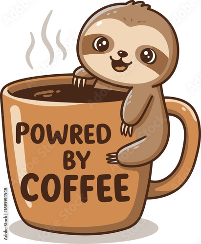 Pixel art sloth peeking from coffee mug with text powered by coffee vector