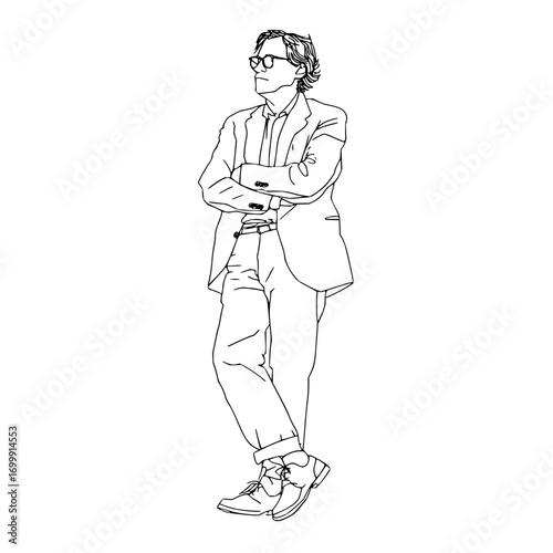 Line drawing of a man with glasses in a suit standing with arms crossed looking to the left side view