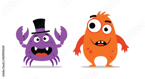 Two cute cartoon monsters having fun together outdoors dancing