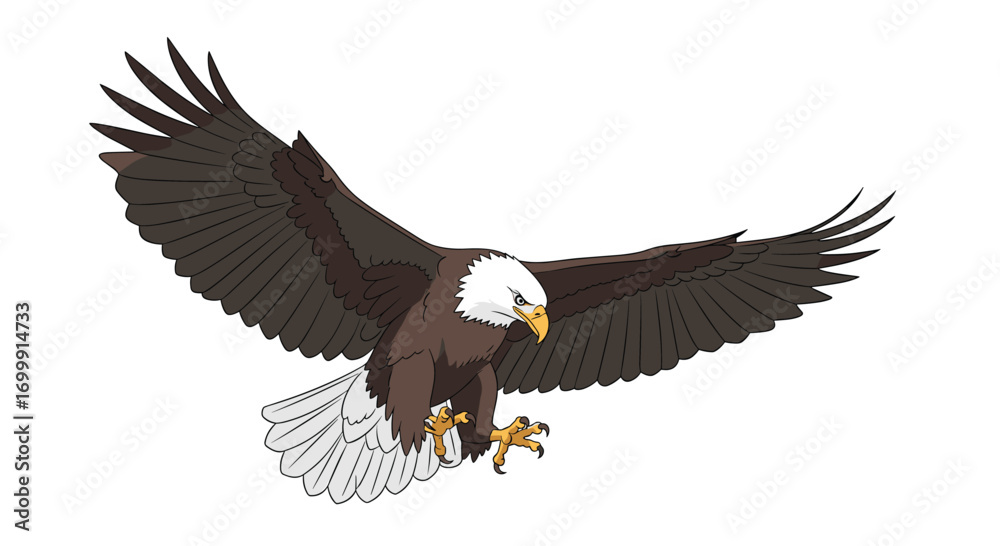 Naklejka premium Majestic bald eagle soaring through the sky with wings spread wide