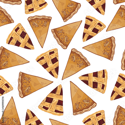 Hand drawn vintage seamless pattern of pumpkin pie and cherry pie slices in rustic festive bakery food style