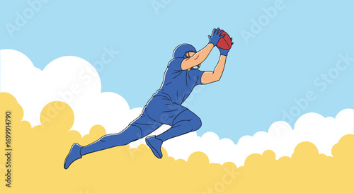 Athletic baseball player in blue uniform leaping high to catch a ball during a game on a sunny day with clouds in the sky