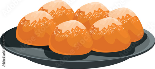 Saffron buns, covered with granulated sugar, resting on a dark gray plate, offer a sweet and inviting treat