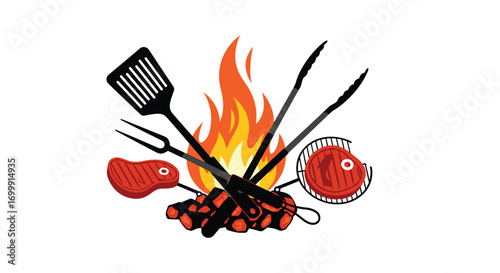 Delicious outdoor barbecue cooking with grilled meats and fiery flames