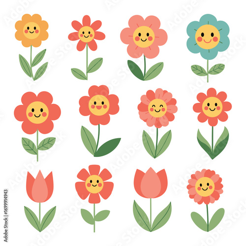 Adorable little flowers with happy faces adorning a garden scene of blooming petals and green stems