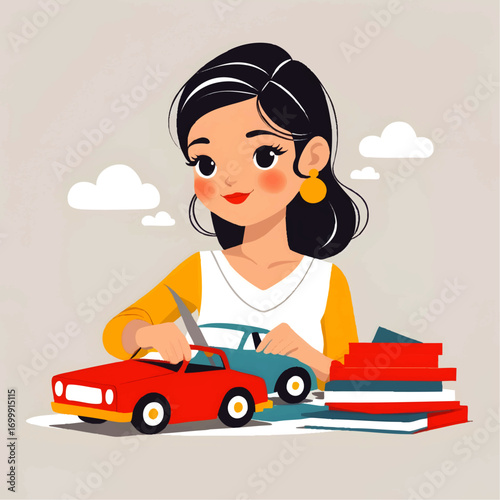 Creative Woman Designing Miniature Vehicles With Books Nearby