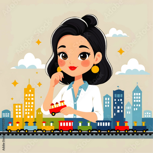 Young Woman Playing With Toy Train In Cityscape Background