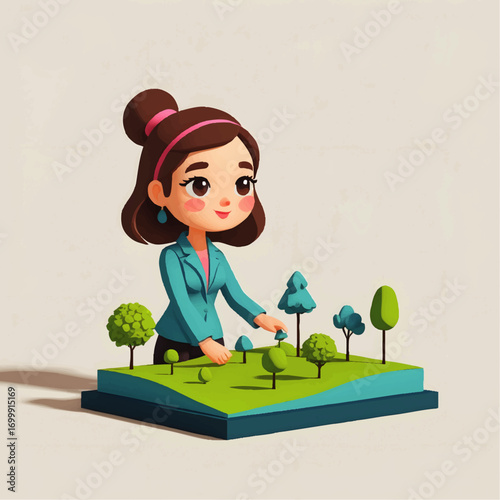 A cartoon woman tending to a miniature green landscape with trees