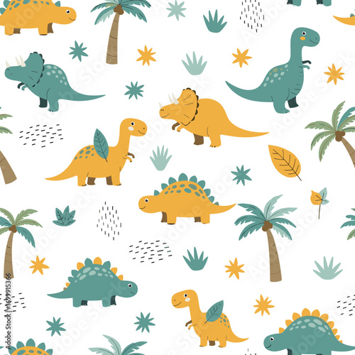 Adorable little dinosaurs roaming through a tropical paradise with palm trees and ferns