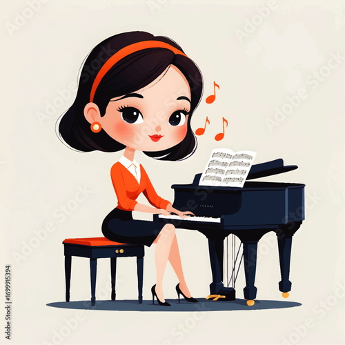 Young Woman Playing a Grand Piano Beautifully and Skillfully

