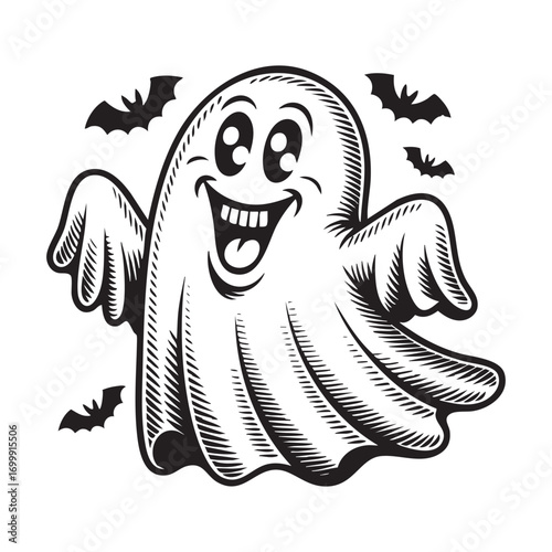 Vintage engraving style ghost Halloween illustration spooky sketch design
