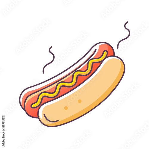 Cartoon illustration of a hot dog with mustard and steam on white