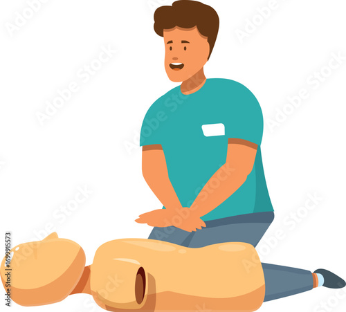 Young paramedic practicing cardiopulmonary resuscitation on a medical manikin during first aid training