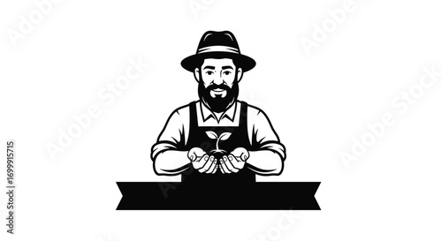 A bearded farmer holding a small plant with care in his hands