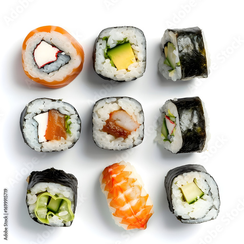 Array of Fresh and Colorful Sushi Rolls on White