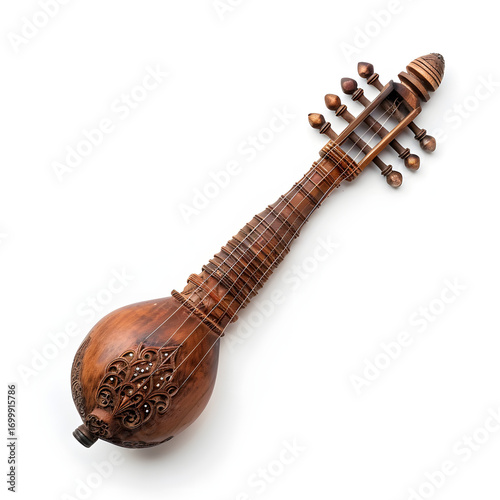 Ornate wooden stringed instrument, traditional ethnic craftsmanship, vintage aesthetic, musical art, rich brown tones