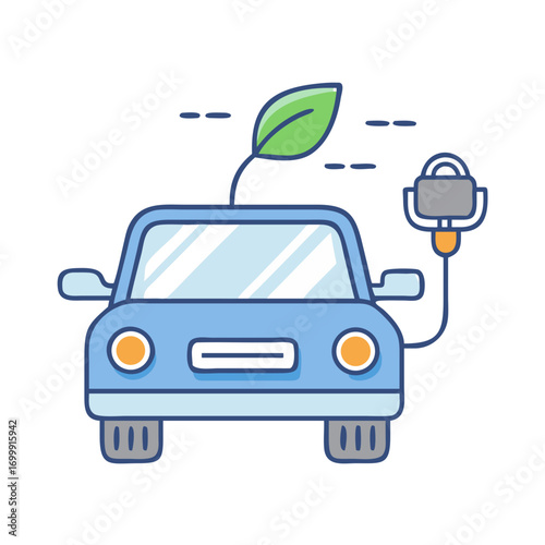 Ecofriendly Blue Electric Car with Charging Plug and Leaf Icon