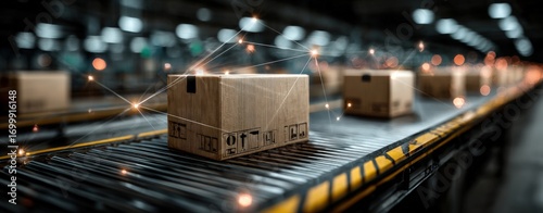 Cardboard boxes on a conveyor belt in a warehouse, with digital connection lines overlayed