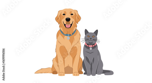 A friendly golden retriever and a gray cat sit together happily