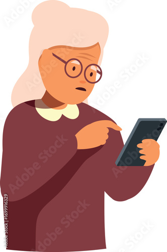 Elderly woman experiencing difficulties using a smartphone, pointing at the screen with a puzzled expression