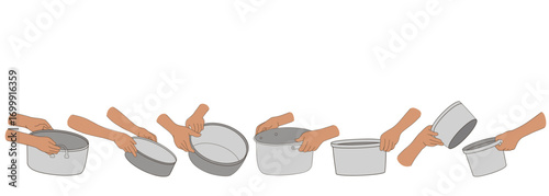 People hands are holding empty bowls, plates, dishes, and cups. Starving people need food and our help vector illustration.