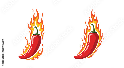 Spicy red chili peppers ignited by fiery flames illustration