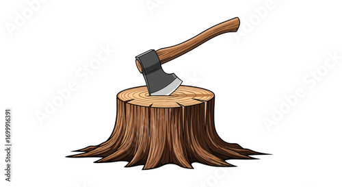 An old chopping axe embedded deeply into a gnarled tree stump ready for woodcutting work