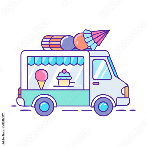 Colorful cartoon ice cream truck illustration with delicious treats on display