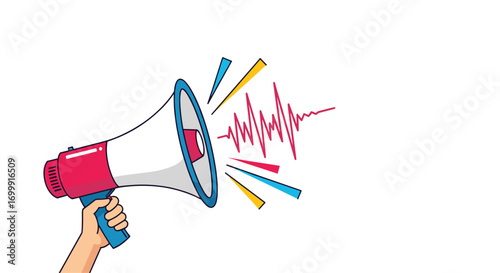 Announcing important news with a megaphone and sound waves visual representation