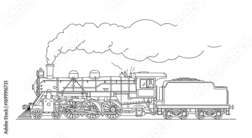 Detailed illustration of a historic steam powered locomotive emitting smoke from its stack