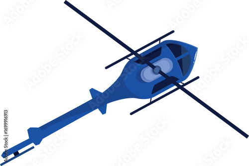 Modern blue helicopter flying in the sky, top view of aircraft, aviation and transportation concept