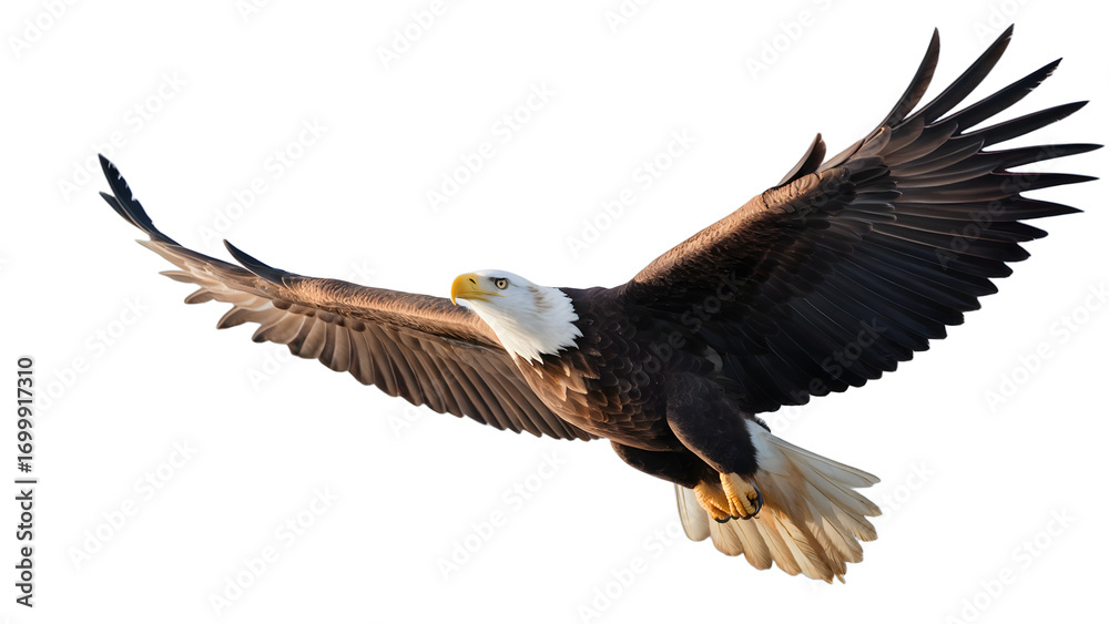 Obraz premium Bald eagle soaring isolated on transparent background with wings fully extended