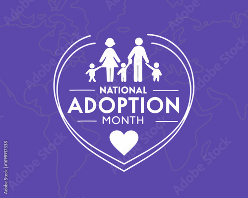 Celebrating National Adoption Month with a Heartfelt Symbol of Family and Love on a Purple Background