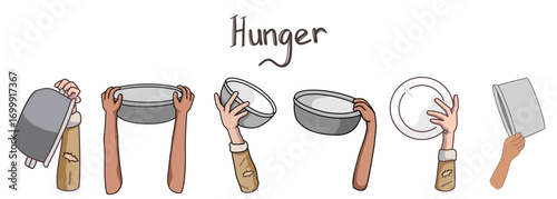 Starving people hands holding empty bowls and plates need humanitarian aid. Hands of hungry people queuing for food. Hunger day vector illustration