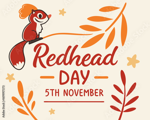 Cute Redhead Day Illustration with Squirrel and Autumnal Leaves for November 5th Celebration