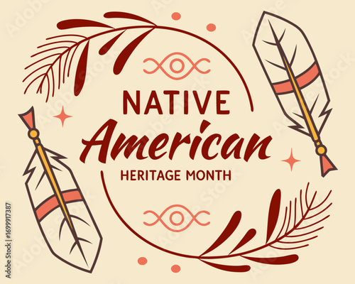 Native American Heritage Month design with feathers leaves and traditional patterns in a modern style