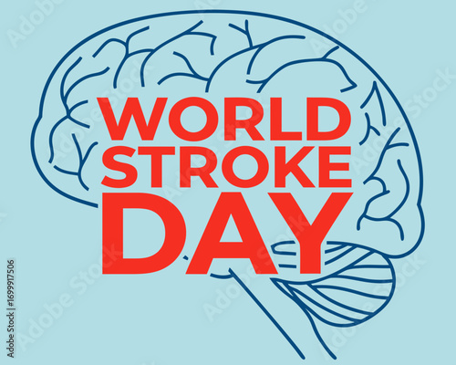 Minimalist World Stroke Day Design Featuring a Brain Outline and Bold Red Text on Light Blue Background