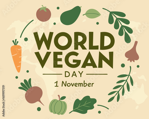 World Vegan Day Illustration with Vegetables and Plants on a Background Map of the World
