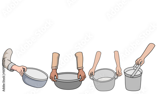 Illustration vector Starving concept. Hands holding empty bowl and pan. Refugees need food